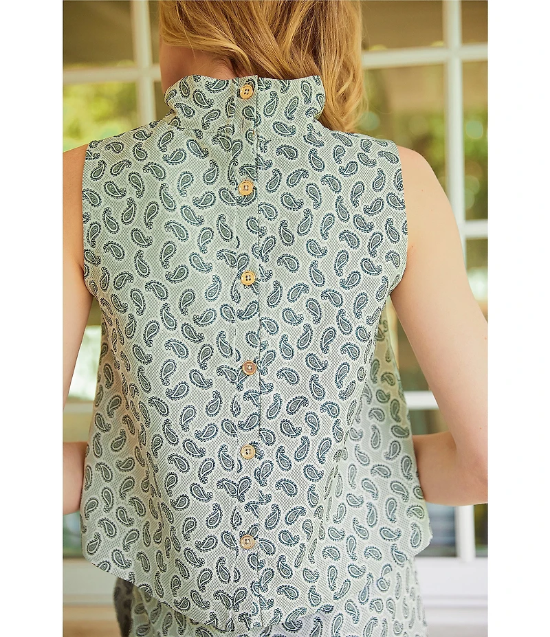 Buru Cropped Sleeveless Paisley Print Mock Neck Button Back Cropped Coordinating Boxy Top