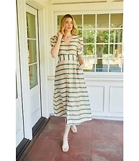 Buru Deep V-Neck Short Puff Sleeve Full Button Front A-Line Midi Dress