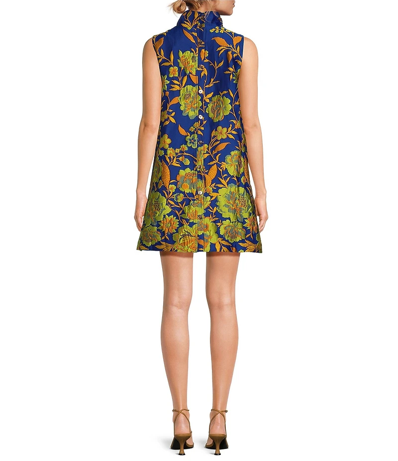 Buru Floral Brocade Mock Neck Sleeveless Shift Mini Dress
