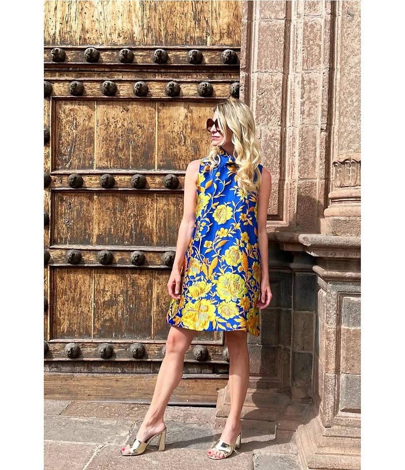 Buru Floral Brocade Mock Neck Sleeveless Shift Mini Dress
