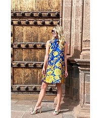 Buru Floral Brocade Mock Neck Sleeveless Shift Mini Dress