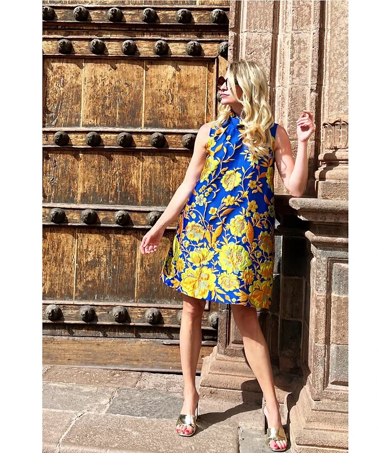 Buru Floral Brocade Mock Neck Sleeveless Shift Mini Dress