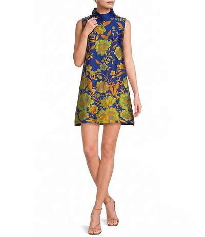 Buru Floral Brocade Mock Neck Sleeveless Shift Mini Dress
