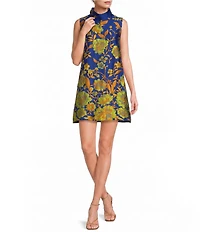 Buru Floral Brocade Mock Neck Sleeveless Shift Mini Dress