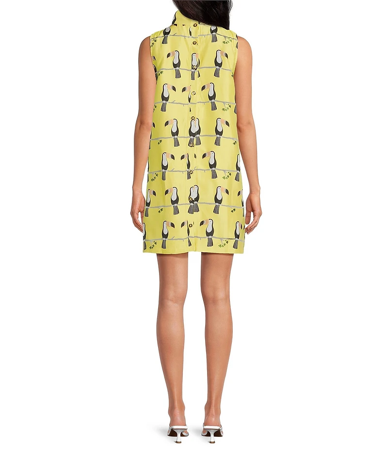 Buru Floral Brocade Toucan Print Mock Neck Sleeveless Shift Mini Dress