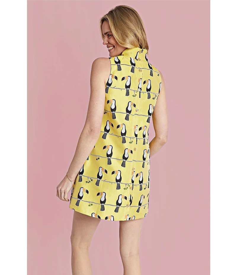 Buru Floral Brocade Toucan Print Mock Neck Sleeveless Shift Mini Dress