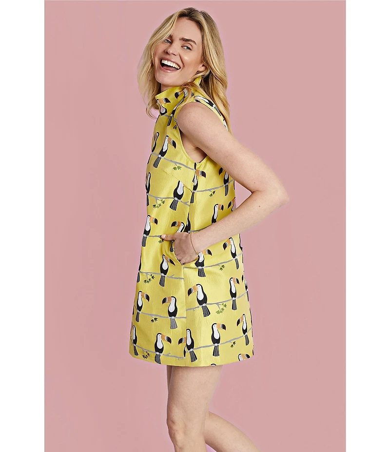 Buru Floral Brocade Toucan Print Mock Neck Sleeveless Shift Mini Dress