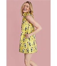 Buru Floral Brocade Toucan Print Mock Neck Sleeveless Shift Mini Dress