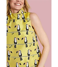 Buru Floral Brocade Toucan Print Mock Neck Sleeveless Shift Mini Dress