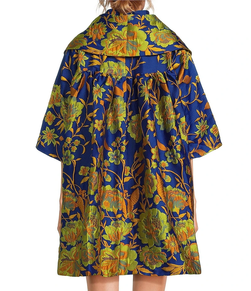 Buru Floral Print Oversized Point Collar 3/4 Sleeve Side Pocket Car Coat
