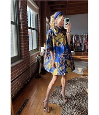 Buru Floral Print Oversized Point Collar 3/4 Sleeve Side Pocket Car Coat