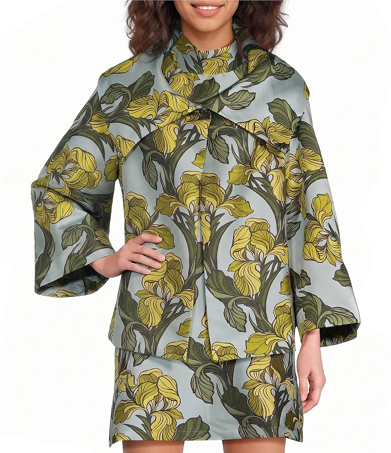 Buru Grace Brocade Oversized 3/4 Sleeve Cropped Car Coat