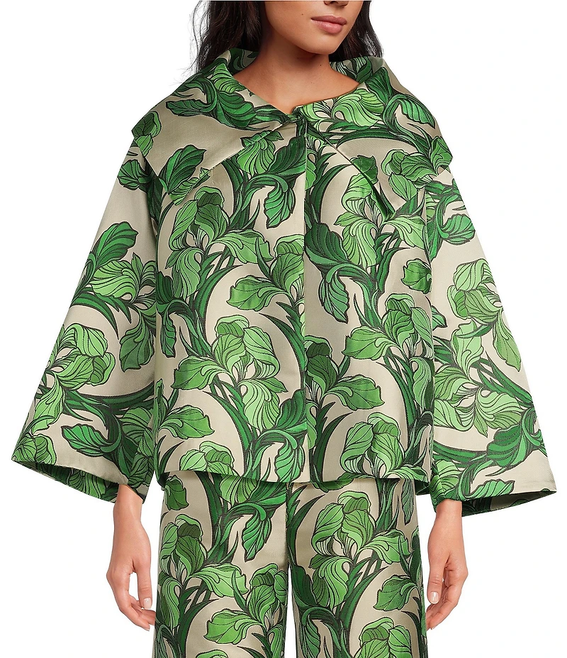 Buru Grace Printed Brocade Oversized Point Collar 3/4 Sleeve Cropped Coat