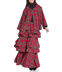 Buru Grace Tartan Printed Brocade Oversized Point Collar 3/4 Sleeve Cropped Coat