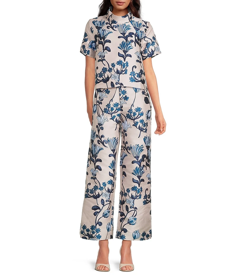 Buru Jacquard Floral Print Coordinating High Rise Full Length Wide Leg Pants