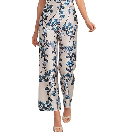 Buru Jacquard Floral Print Coordinating High Rise Full Length Wide Leg Pants