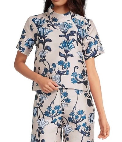 Buru Coordinating Jacquard Floral Print Short Sleeve Mock Neck Top