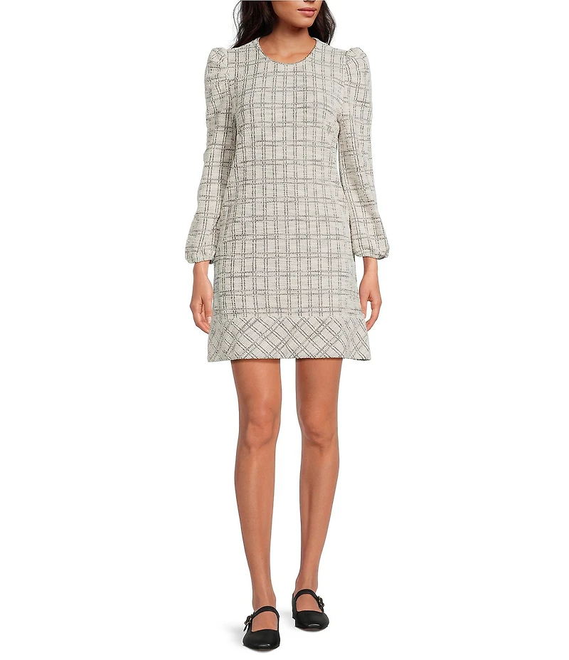 Buru Knit Checker Long Puff Sleeve Shift Mini Dress