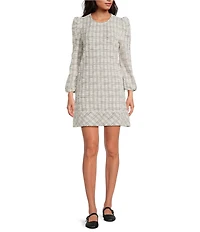 Buru Knit Checker Long Puff Sleeve Shift Mini Dress