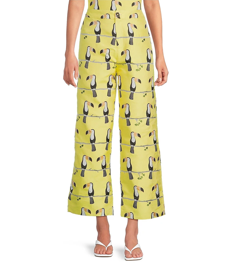 Buru Le Culotte Toucan Print Brocade High Rise Cropped Wide Leg Coordinating Pants