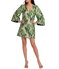 Buru Le V Mod Brocade V-Neckline Bell Sleeve Mini Dress