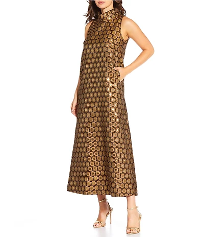 Buru Maxi Mod Metallic Printed Brocade Mock Neck Sleeveless Shift Maxi Dress