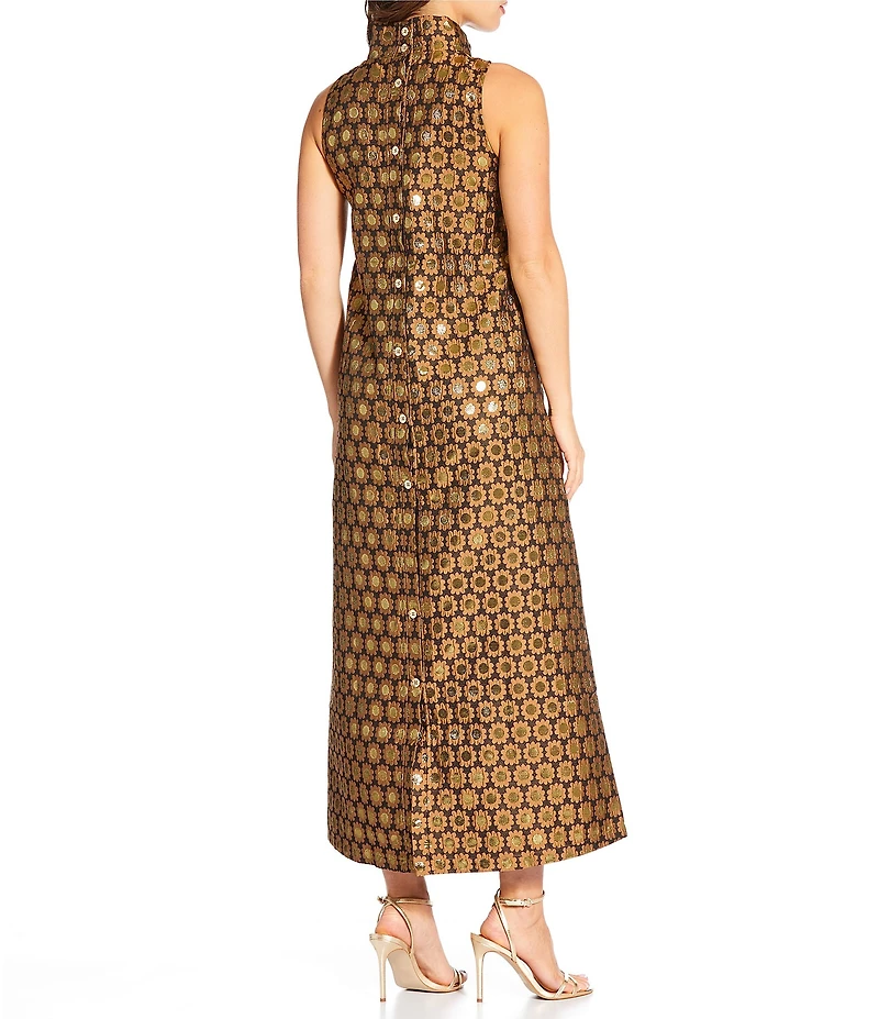 Buru Maxi Mod Metallic Printed Brocade Mock Neck Sleeveless Shift Maxi Dress