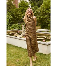 Buru Maxi Mod Metallic Printed Brocade Mock Neck Sleeveless Shift Maxi Dress