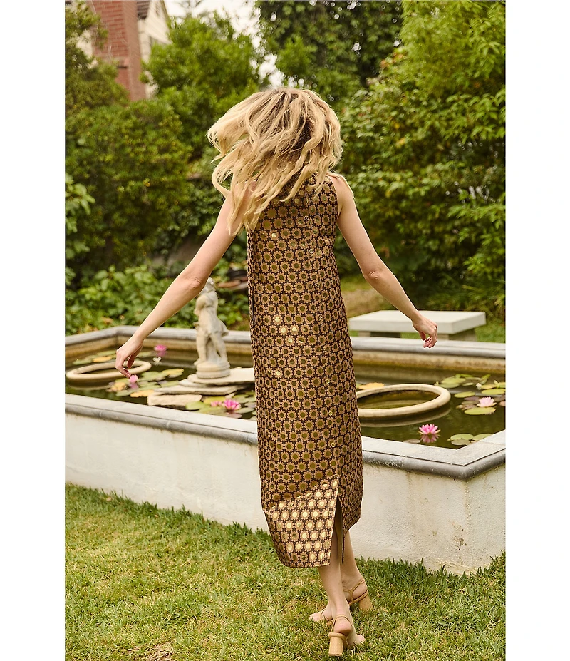 Buru Maxi Mod Metallic Printed Brocade Mock Neck Sleeveless Shift Maxi Dress