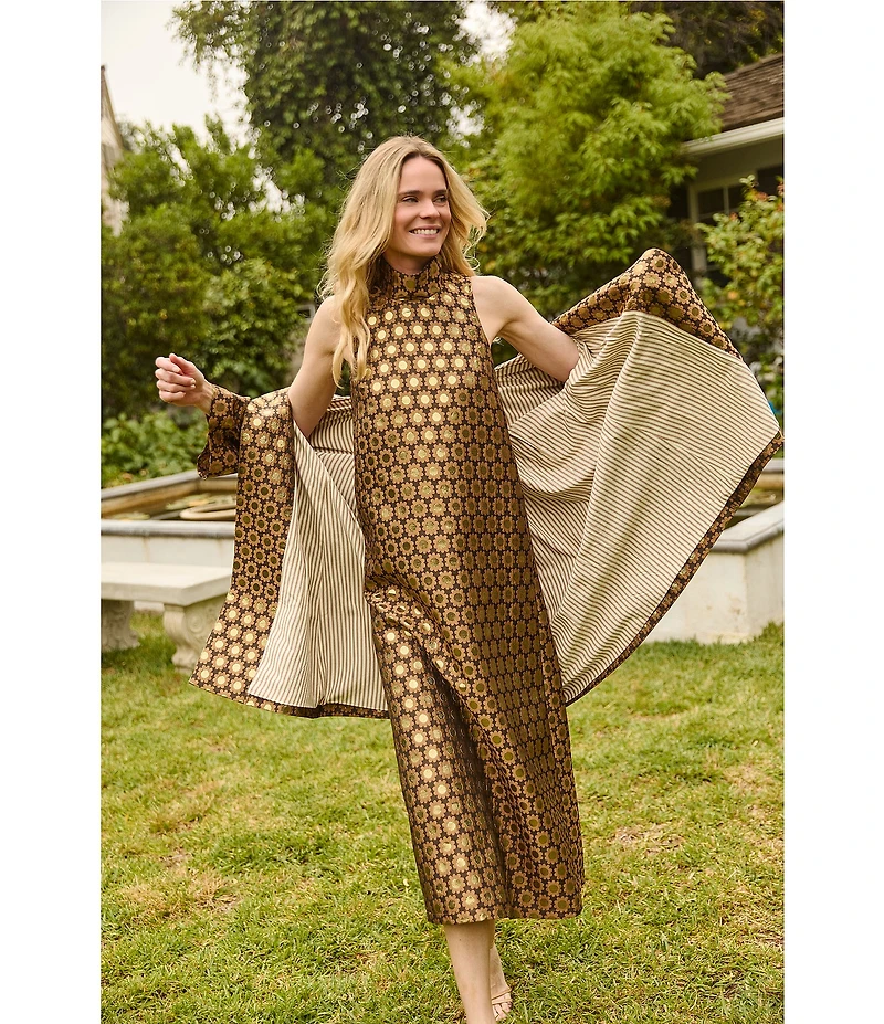 Buru Maxi Mod Metallic Printed Brocade Mock Neck Sleeveless Shift Maxi Dress