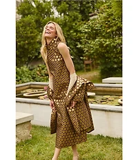Buru Maxi Mod Metallic Printed Brocade Mock Neck Sleeveless Shift Maxi Dress