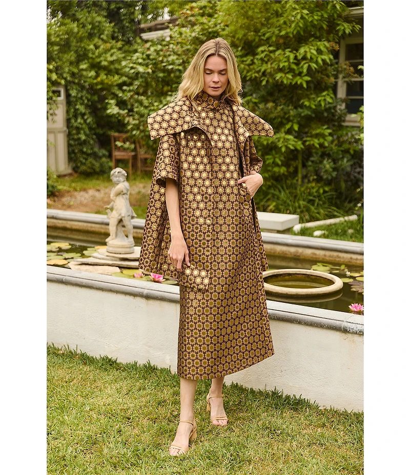 Buru Maxi Mod Metallic Printed Brocade Mock Neck Sleeveless Shift Maxi Dress