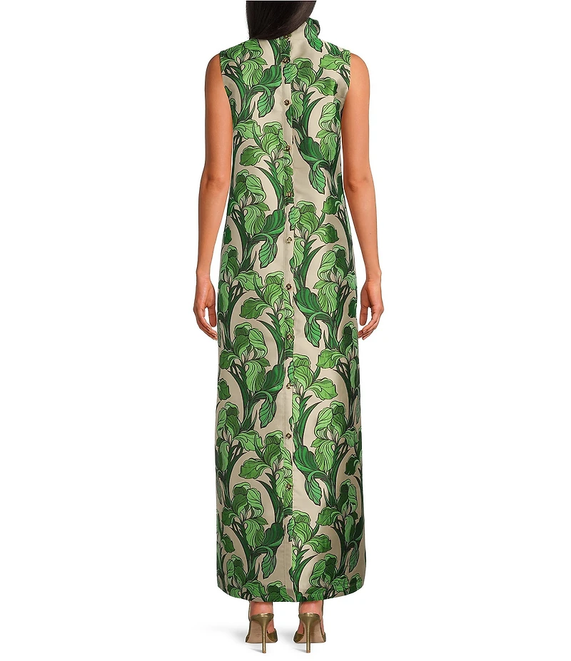 Buru Maxi Mod Printed Brocade Mock Neck Sleeveless Shift Maxi Dress