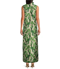 Buru Maxi Mod Printed Brocade Mock Neck Sleeveless Shift Maxi Dress
