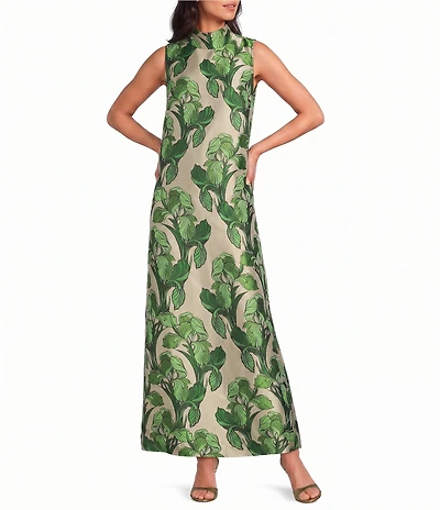 Buru Maxi Mod Printed Brocade Mock Neck Sleeveless Shift Maxi Dress