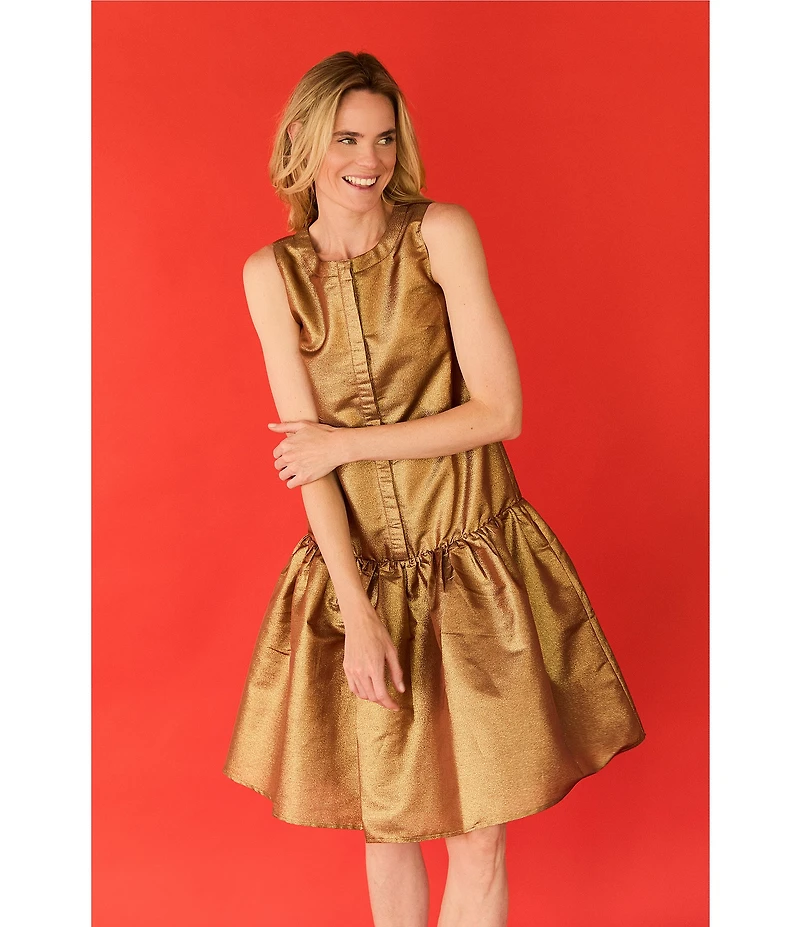 Buru Metallic Crew Neck Sleeveless Drop Waist Midi Dress