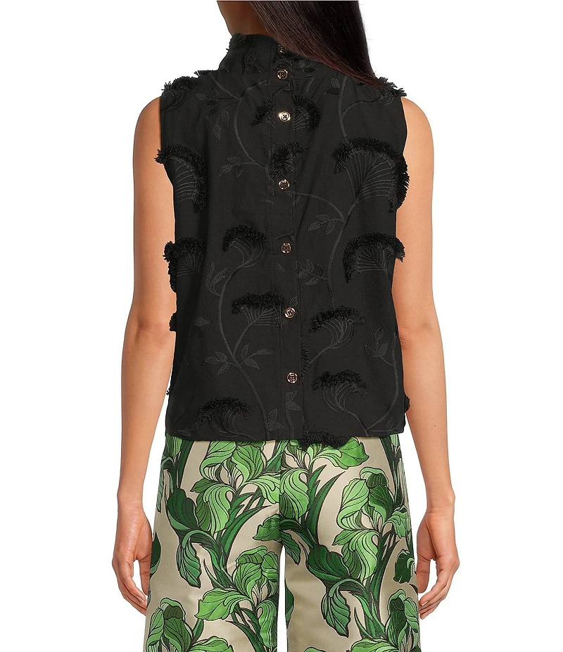 Buru Mod 3D Embroidered Mock Neck Cropped Sleeveless Cropped Top