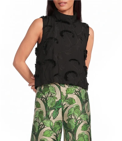 Buru Mod 3D Embroidered Mock Neck Cropped Sleeveless Cropped Top