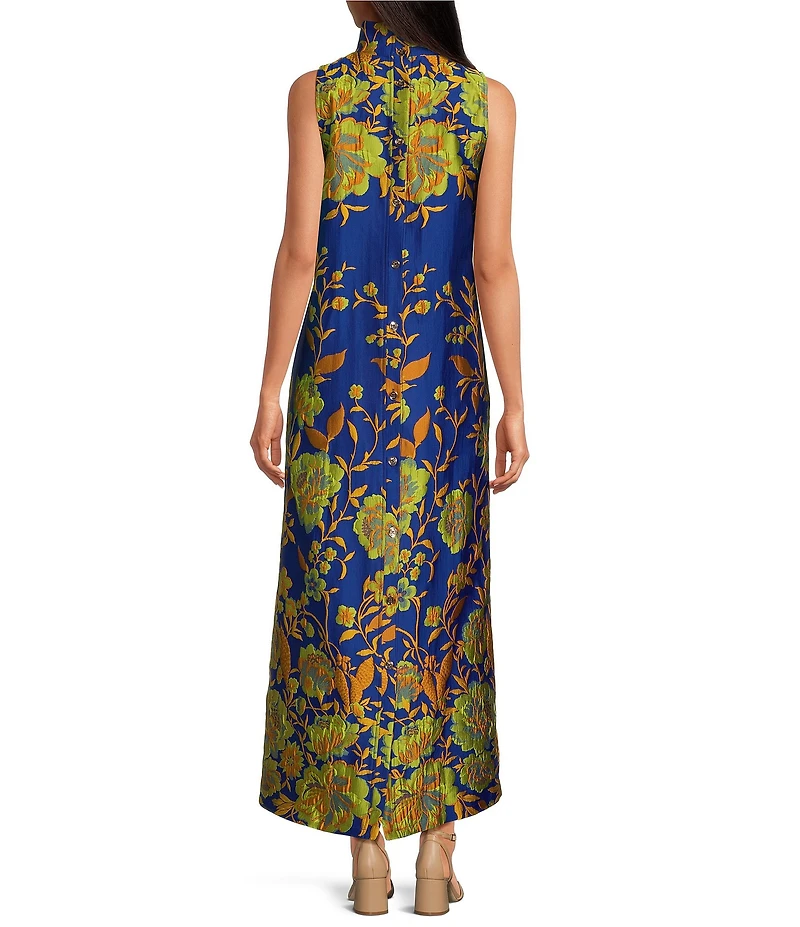 Buru Mod Brocade Coral Iris Print Mock Neck Sleeveless Shift Maxi Dress