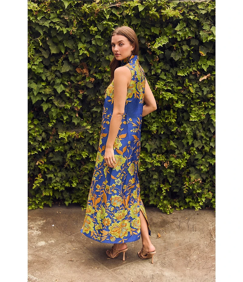 Buru Mod Brocade Coral Iris Print Mock Neck Sleeveless Shift Maxi Dress