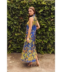 Buru Mod Brocade Coral Iris Print Mock Neck Sleeveless Shift Maxi Dress