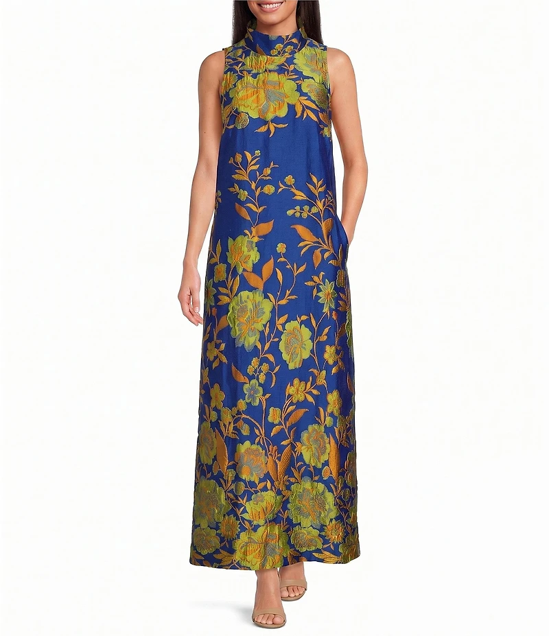 Buru Mod Brocade Coral Iris Print Mock Neck Sleeveless Shift Maxi Dress