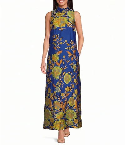 Buru Mod Brocade Coral Iris Print Mock Neck Sleeveless Shift Maxi Dress