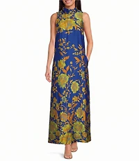 Buru Mod Brocade Coral Iris Print Mock Neck Sleeveless Shift Maxi Dress