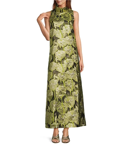 Buru Mod Coral Iris Print Mock Neck Sleeveless Shift Maxi Dress