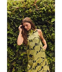 Buru Mod Coral Iris Print Mock Neck Sleeveless Shift Maxi Dress