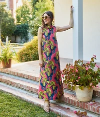 Buru Mod Coral Iris Print Mock Neck Sleeveless Shift Maxi Dress