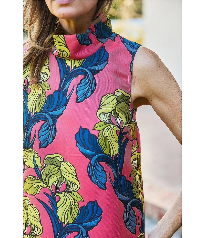 Buru Mod Coral Iris Print Mock Neck Sleeveless Shift Maxi Dress