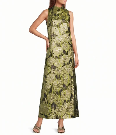 Buru Mod Coral Iris Print Mock Neck Sleeveless Shift Maxi Dress