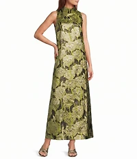 Buru Mod Coral Iris Print Mock Neck Sleeveless Shift Maxi Dress